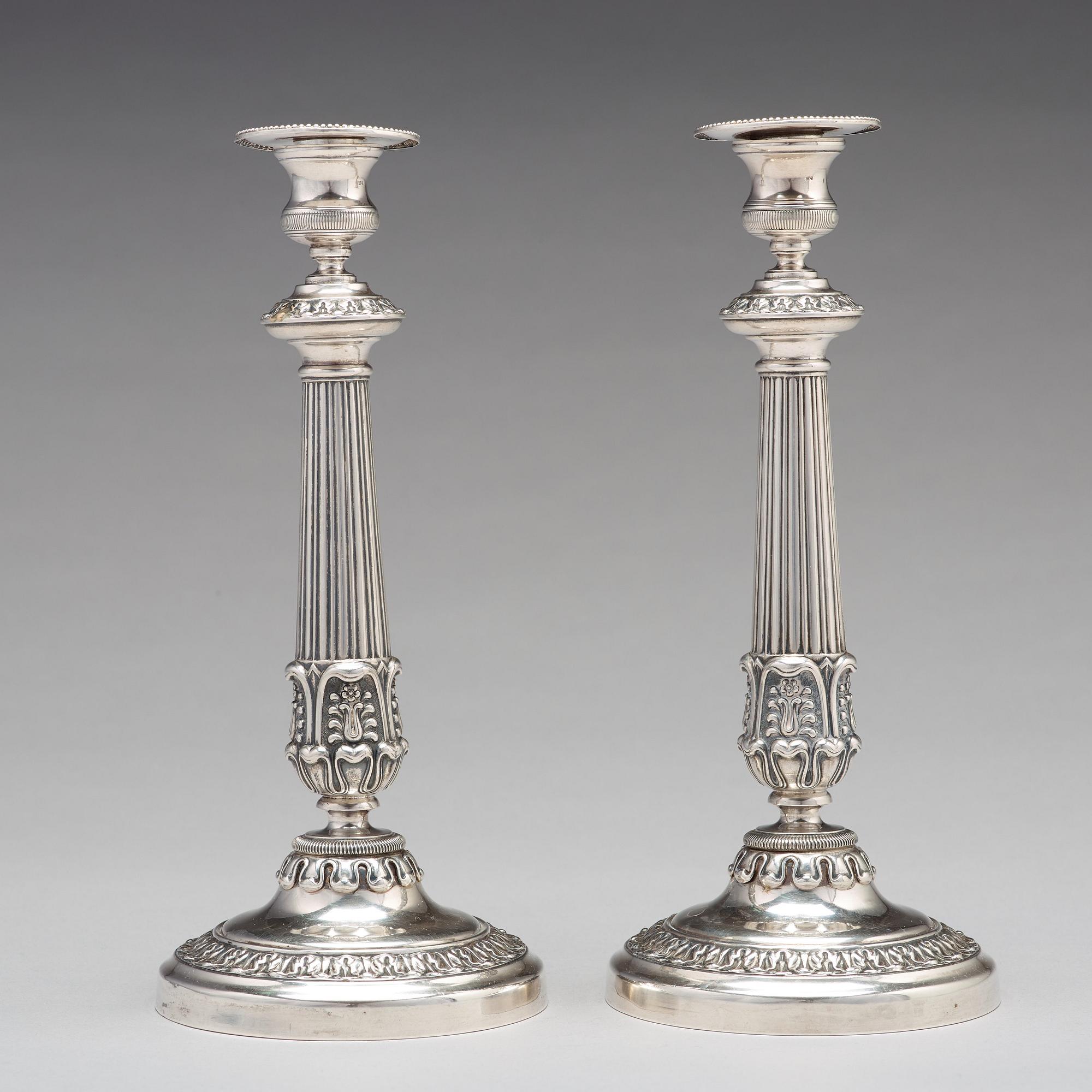 Adolf Zethelius, ljusstakar, ett par, silver, Stockholm 1838. Empire.