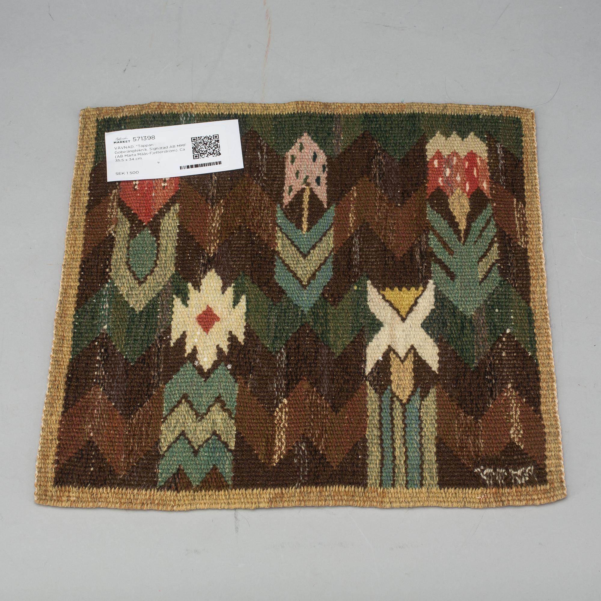 VÄVNAD. "Täppan". Gobelängteknik. Signerad AB MMF (AB Märta Måås-Fjetterström). Ca 35,5 x 34 cm.