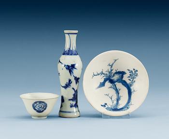 1708. A set of three pieces of blue and white porcelain, 17th Century.