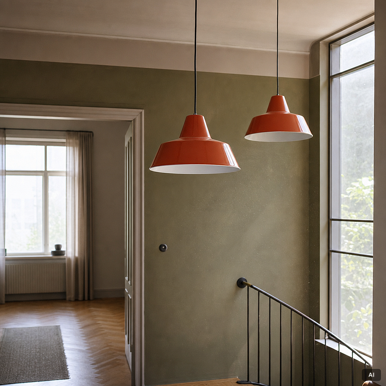 A. Wedel Madsen, a pair of 'Værkstedspendel' ceiling lamps, Louis Poulsen, Denmark, later part of the 20th century,