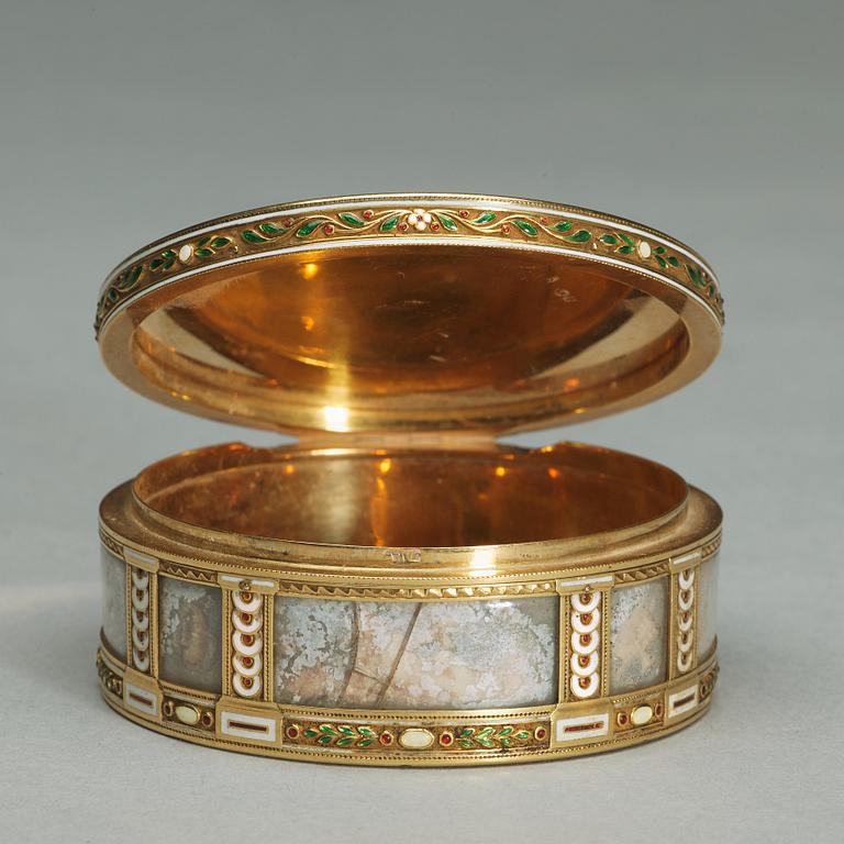 A Fabergé gold, enamel and miniature box, workmaster Henrik Wigstrom, St. Petersburg 1899-1908. Scratched inventory no.