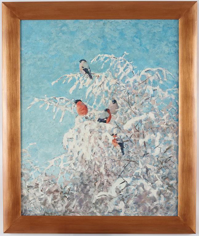 Thure Wallner, Winter landscape with bullfinches.