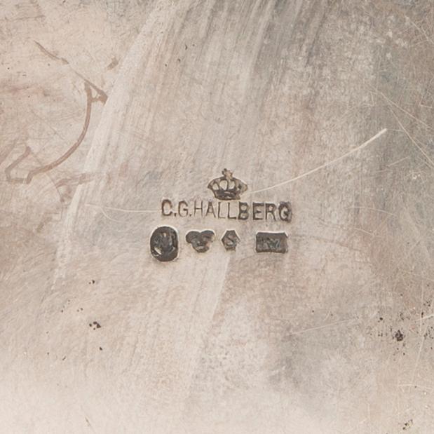 A Swedish silver cigarette case mark of CG Hallberg Stockhiolm 1919 (?) weight 233 grams.