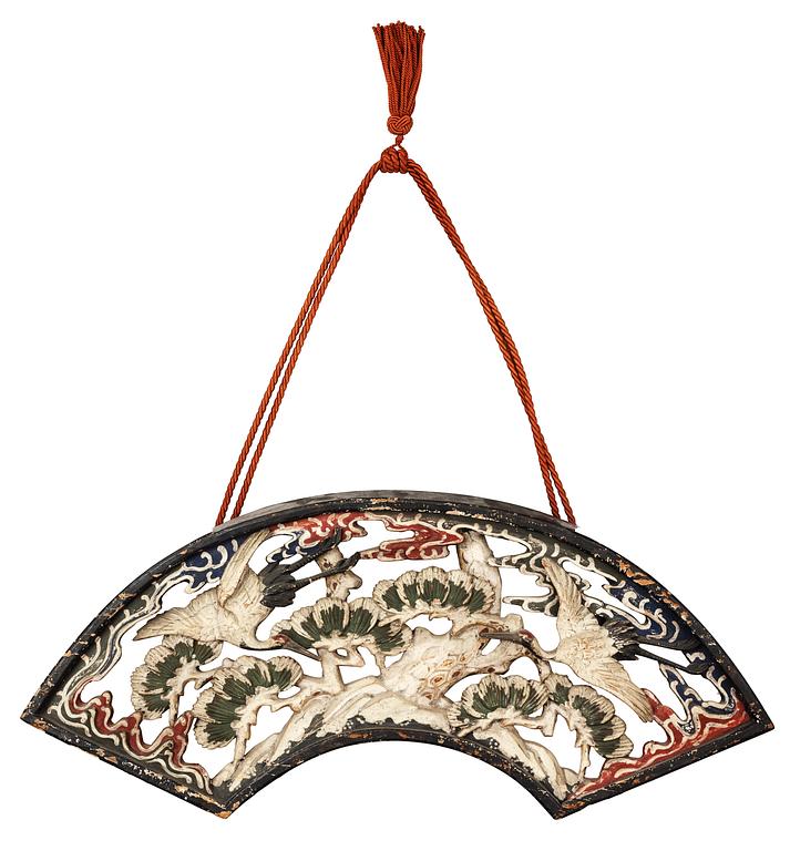 Two sun feather shaped carved and painted wooden decorative elements, with Mandarin ducks and Cranes. Qing dynasty, 19th Century.