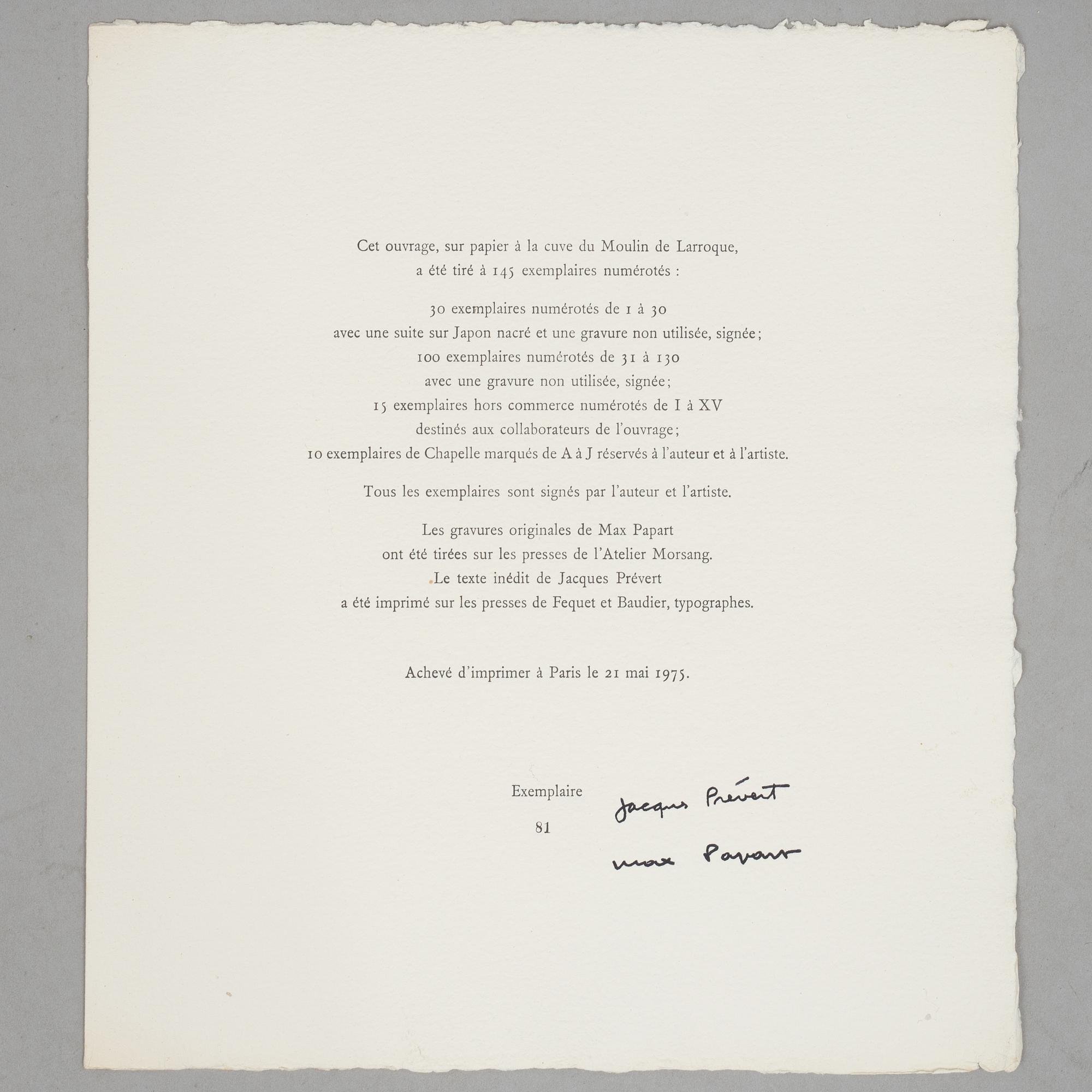 Max Papart & Jacques Prévert, a book, 2le jours des temps", Galerie Bosquet Goutal Darly, Paris 1975, numbered 81/145.