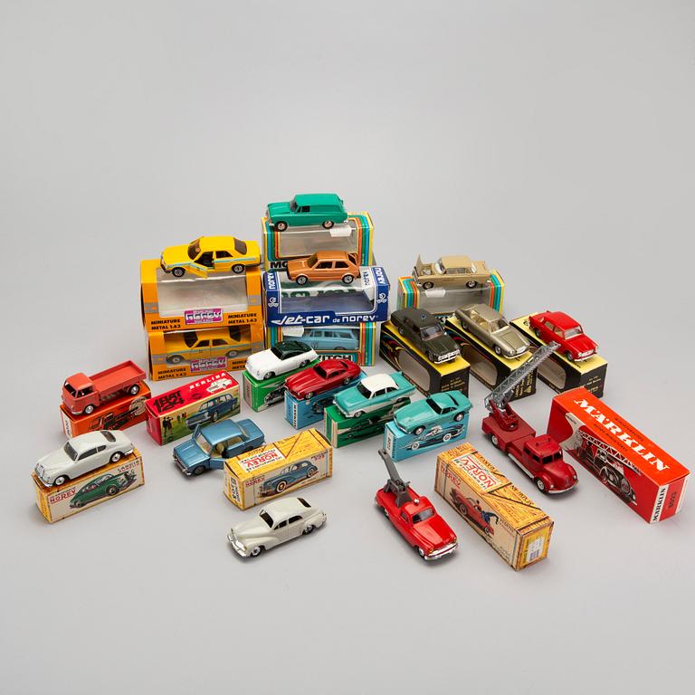 A set of 19 pcs toy cars from MÄRKLIN, MOSKVITCH, POLITOYS and NOREV, second half of the 20th century.