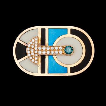 A gold and diamond belt buckle, tot. app. 1.50 cts white diamonds and app. 0.65 cts treated blue diamond.