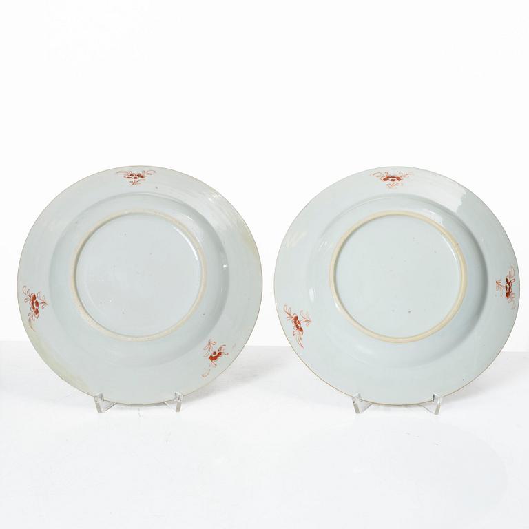 Two famille rose plates and a bowl, Qing dynasty, 18th century.