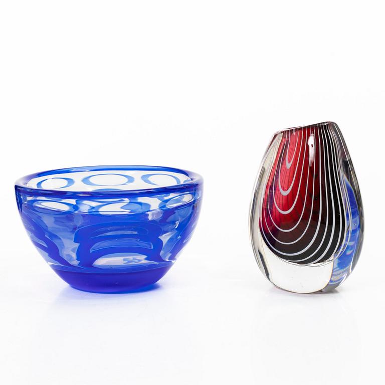 Ingeborg Lundin, bowl, graal, Orrefors, and Vicke Lindstrand, vase, "Zebra", Kosta.