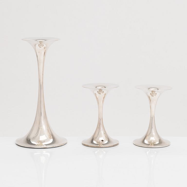 Tapio Wirkkala, three 'Trumpetti' silver candlesticks, Kultakeskus, Hämeenlinna 1994-97.