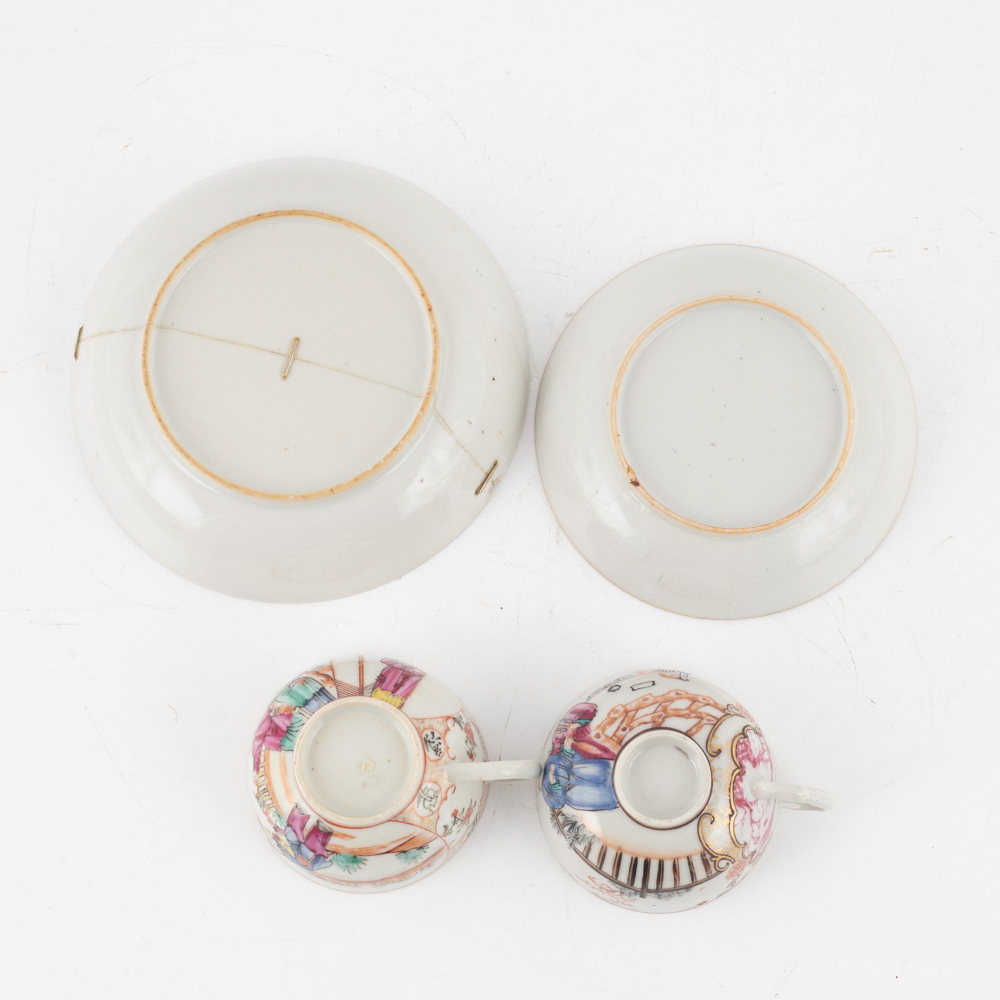 A set of five famille rose cups and four dishes, Qing dynasty, 18th Century.
