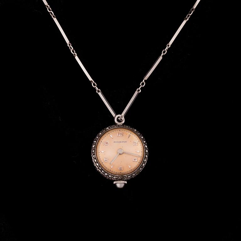 KAULAKELLO, naisten, Bucherer, hopeaketju. Sveitsi 1900-luvun alkupuoli.
