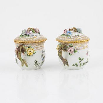 A set of two Royal Copenhagen 'Flora Danica' custard cups with covers and saucers, Denmark, 20th Century.