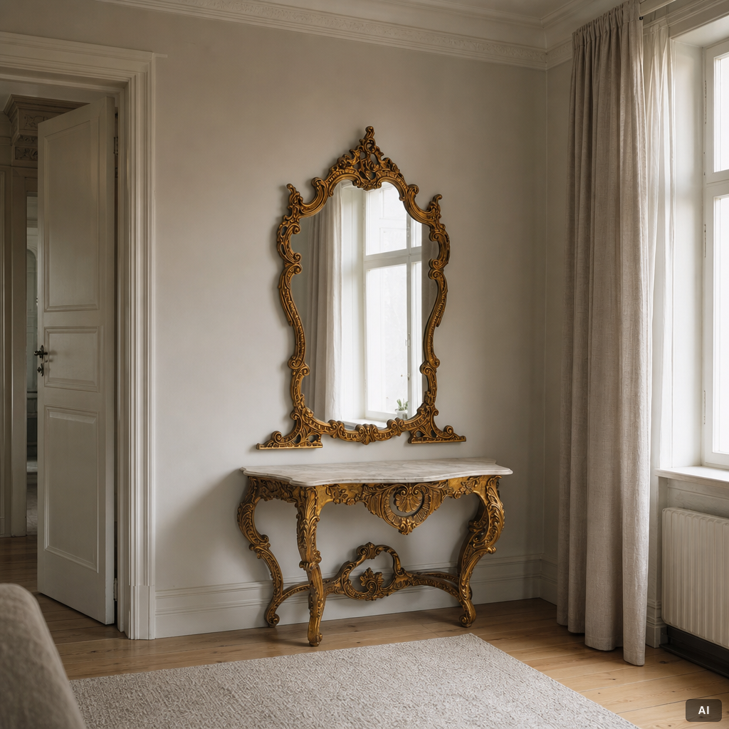 Spegel med konsolbord, barockstil, sent 1900-tal.