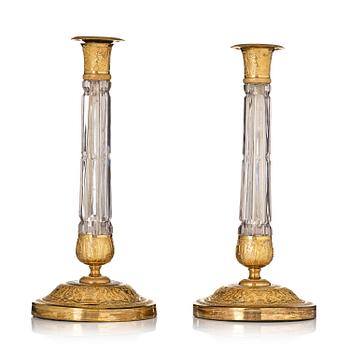 158. A pair of Russian ormolu and cut-glass Empire candlesticks, presumably St Petersburg, ca 1820.