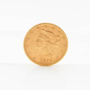 Gold coin ten dollars USA 1892.