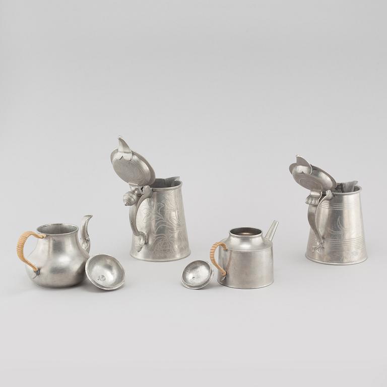 Two tankards and two pots in pewter, i a by Pehr Henrik Lundén in Lidköping, 19th century.