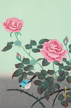 Ohno Bakufu, Motif of a bird and flowering roses, and a vase with prunus, peonies, daffodils and an orchid.