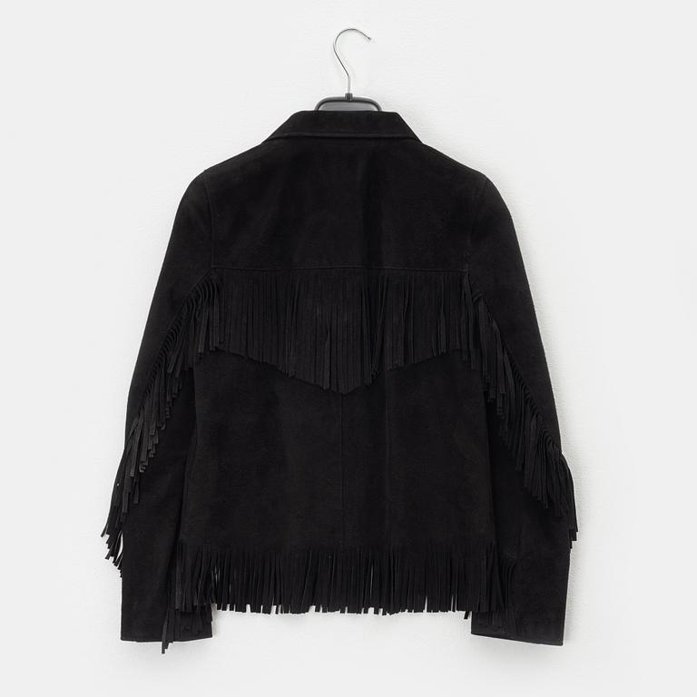 Yves Saint Laurent, a black goat suede fringe jacket, size 34.