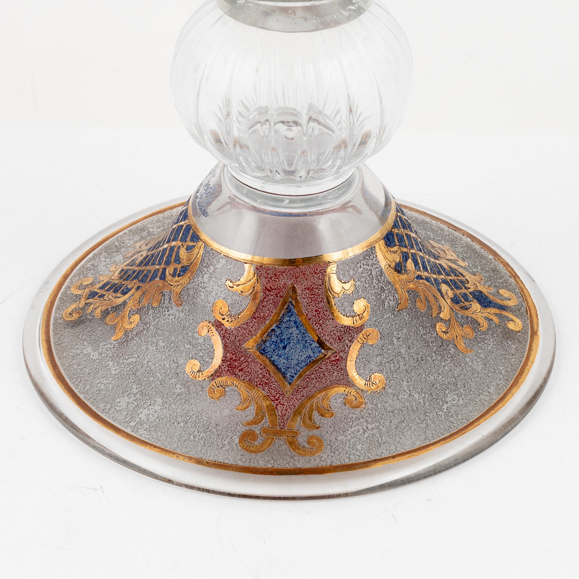 Praktskål på fot, glas, Murano, signerad Bruber, daterad 1960.