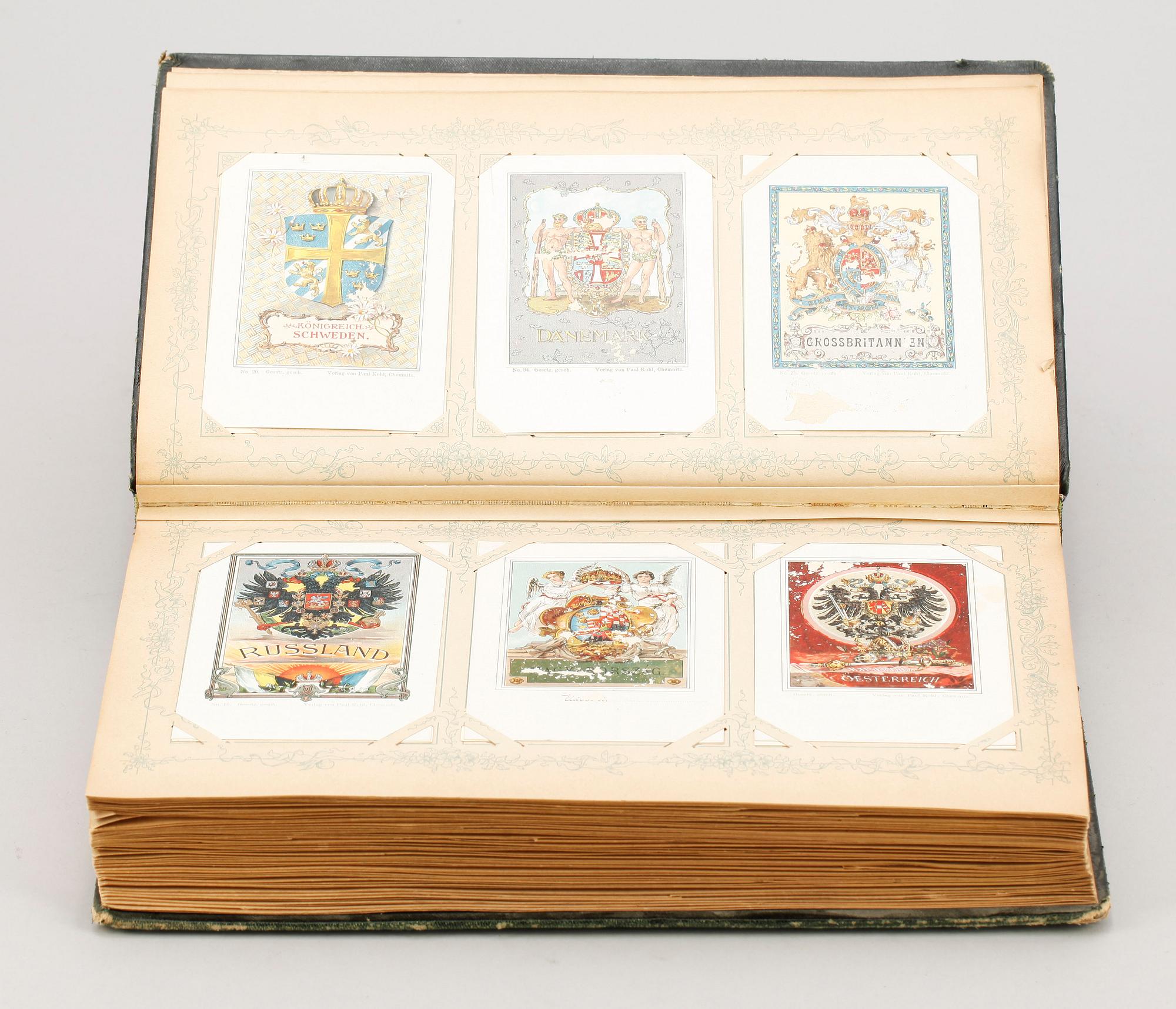 VYKORTSALBUM MED VYKORT, 3 st, motiv från bl a Tyskland och Frankrike. Sent 1800-tal och tidigt 1900-tal.