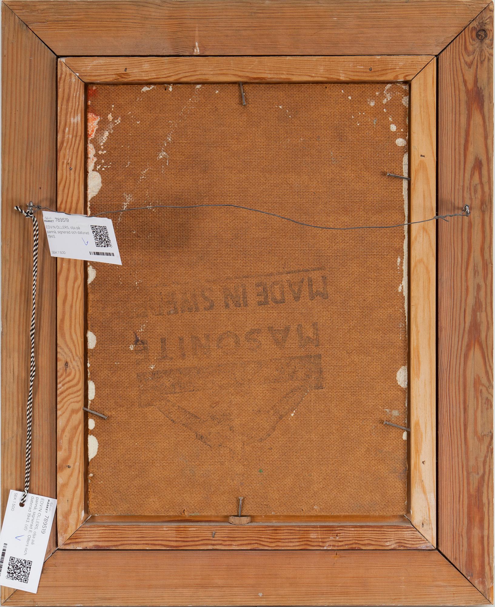 EDVIN OLLERS, olja på pannå, signerad E. Ollers och daterad 1943.