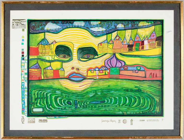 FRIEDENSREICH HUNDERTWASSER, färgseriegrafi, stämpelsignerad och stämpelnumrerad 01541/3000.