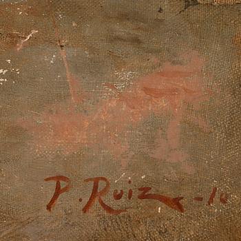 OKÄND KONSTNÄR, olja på duk uppfäst på pannå, sign o dat P. Ruiz 1910.