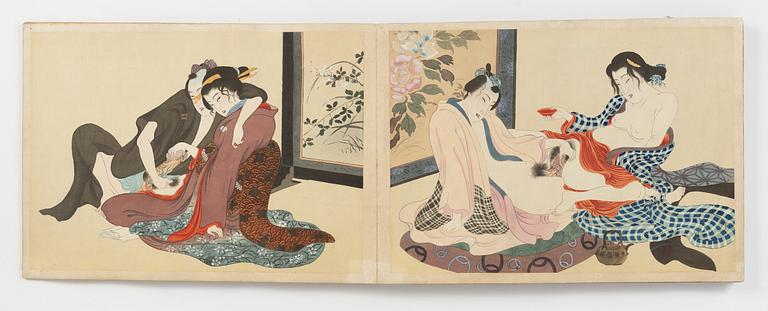 Konstnär från Utagawaskolan, Shunga album, Japan, sen Edo (1603 - 1868) eller Meiji (1868-1912). 14 målningar på siden.
