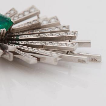 A emerald cut emerald, brilliant- and single cut diamond pendant.