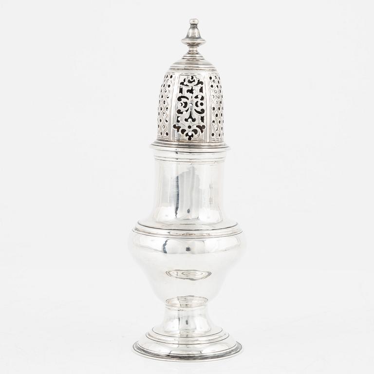 An English silver sugar shaker, marks of Benjamin Mordecai, London 1781.
