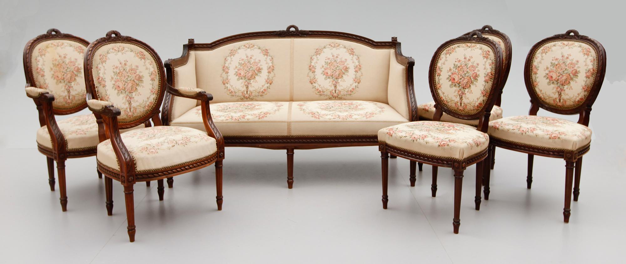 SALONGSMÖBEL, 6 delar, gustaviansk stil, 1900-talets första hälft.