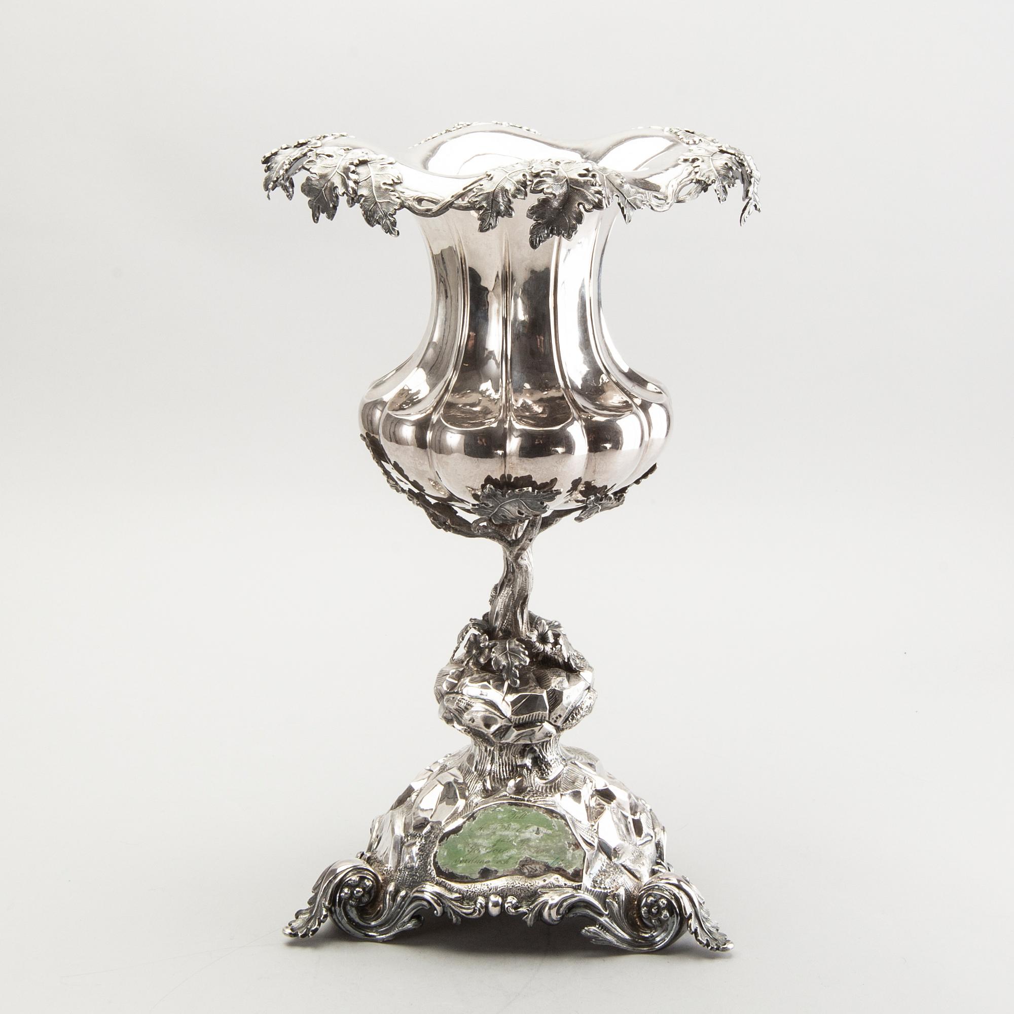 A silver wine cooler/vase by Gustaf Möllenborg, Stockholm 1869.