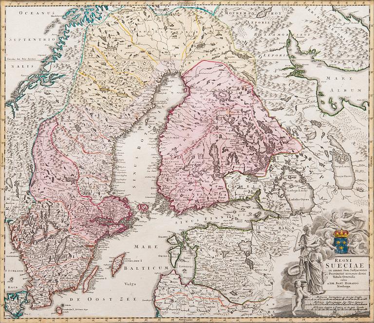 KARTA. Regni Sueciae. Johann Baptist Homann. Nürnberg ca 1720. Kolorerad.