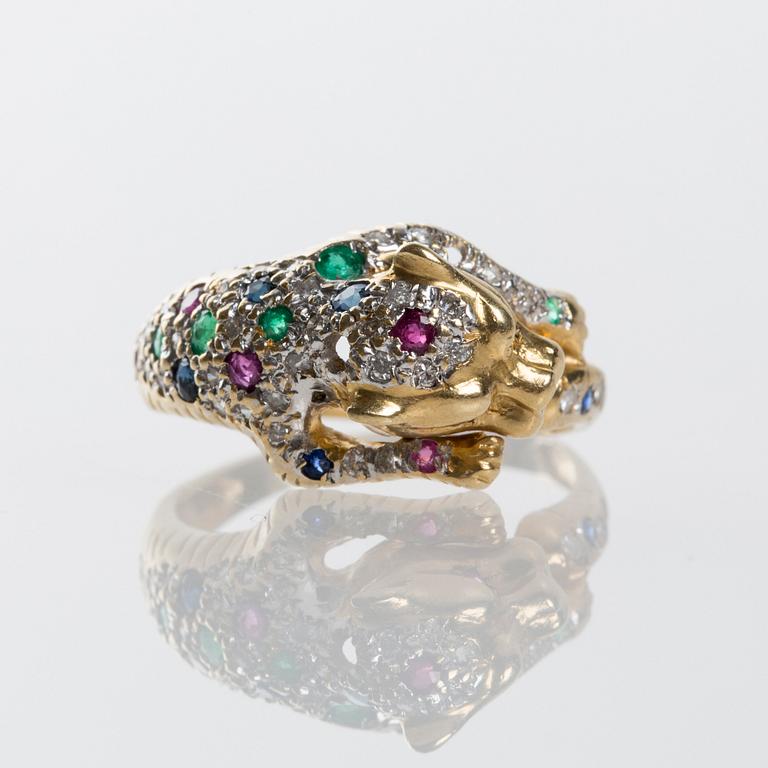 RING, 18K guld med diamanter, safirer samt smaragder.