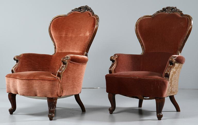 FÅTÖLJER, 2 st, snarlika, nyrokoko, 1800-talets slut.