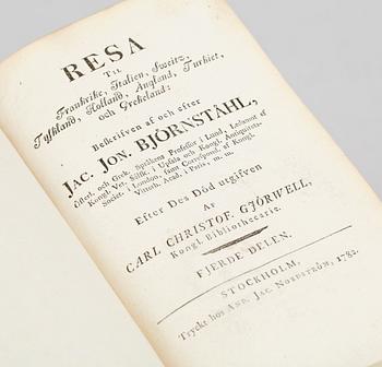 BOKVERK, 6 vol i tre, "Resa til Frankrike, Italien...Turkiet och Grekland" av Jac.Jon. Björnståhl, utg CC Gjörwell, Stockholm 1780-84.