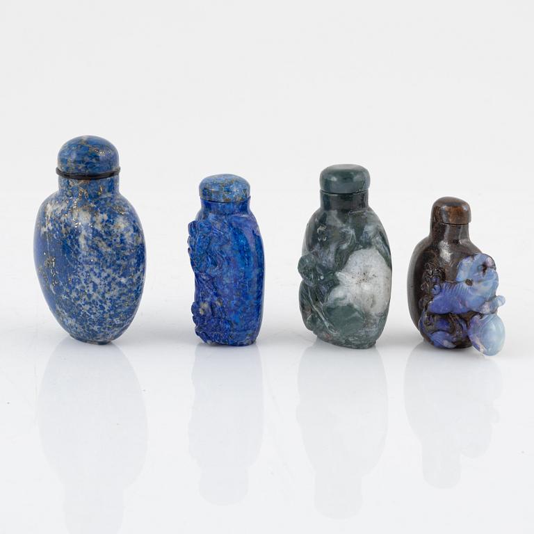 Eight snuff bottles, mottled stone, China, 20th century.