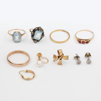 PARTI SMYCKEN, 9 delar, bl.a. 18k guld. Total vikt ca 18 gram.