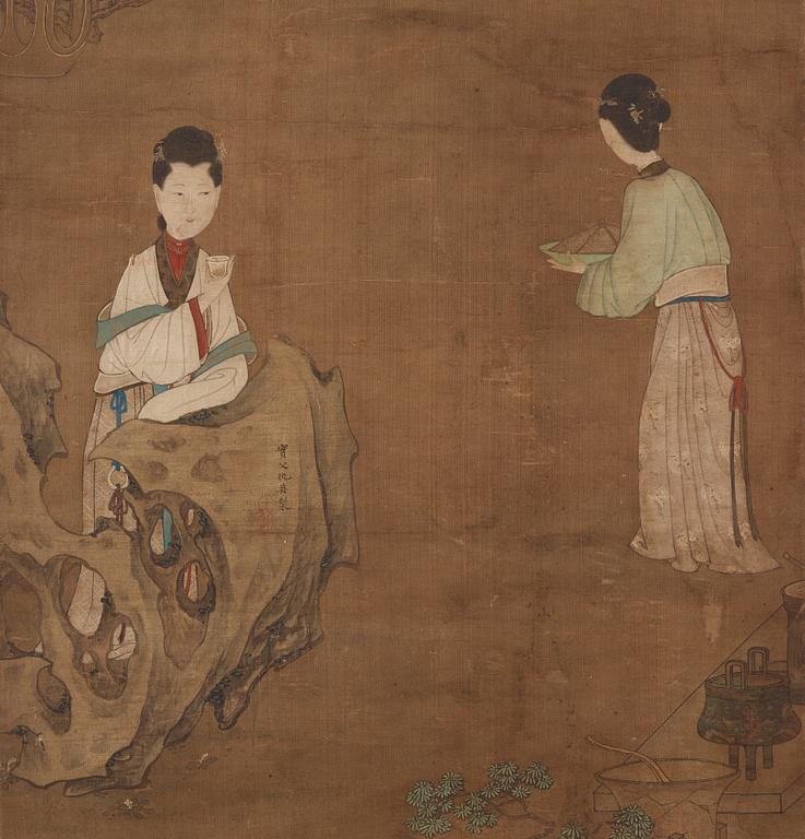 A hanging scroll of a garden scenery with ladys and maids, in the style of Qiu Ying, Qing dynasty, 19th century.