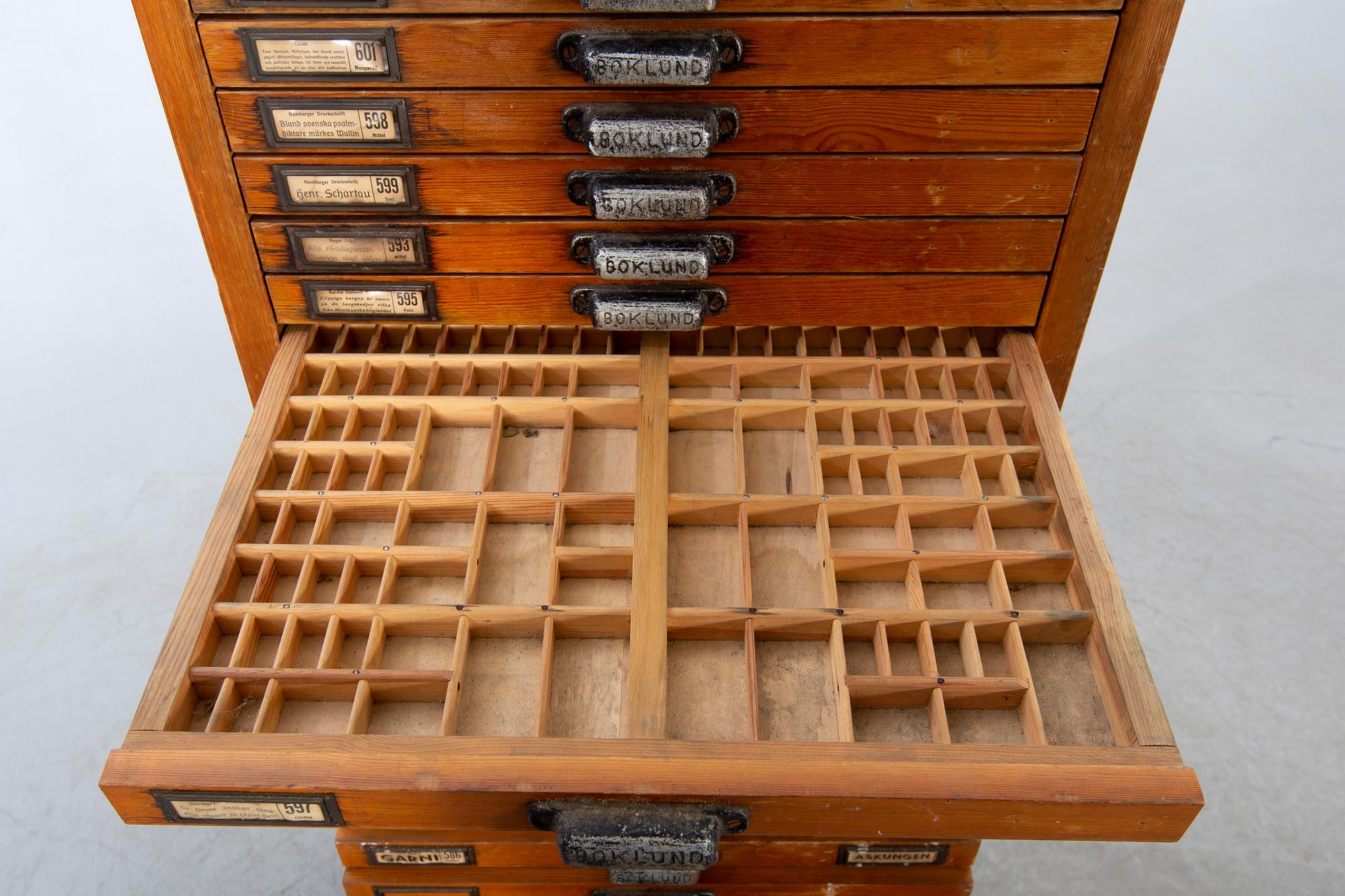 Arkivskåp för typsnitt, "Boklund" omkring 1900.