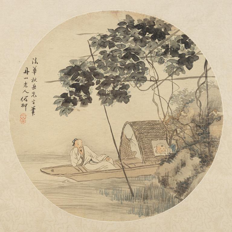 Oidentifierad konstnär, s.k. "Solfjädersmålning", Resande på flod, Kina, sen Qingdynasti/1900-tal.
