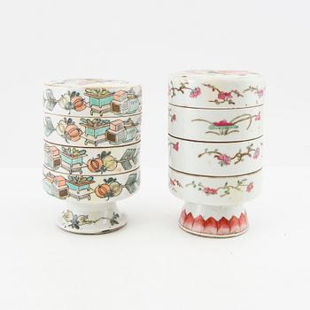 Two three tiered food containers with cover, circa 1900/early 20th Century.