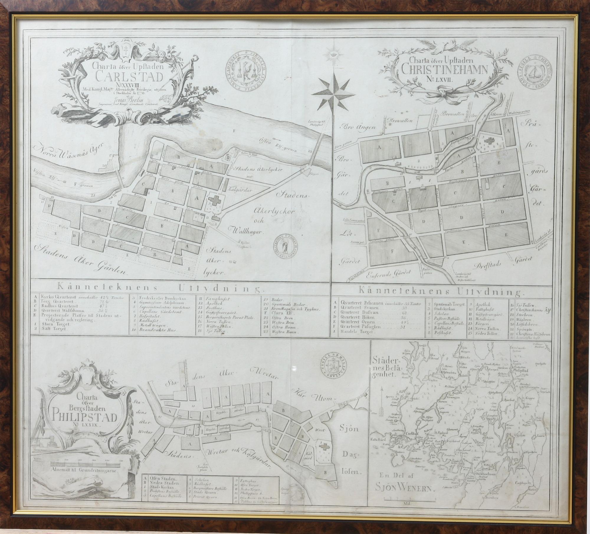 KARTA, Carlstad, Christinehamn samt Philipstad, 1770, Jona Brohlin, Stockholm.