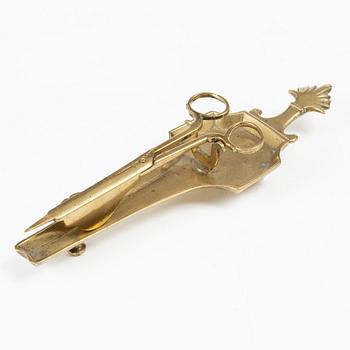 A Swedish/North European baroque brass wick snuffer and tray, circa 1700.