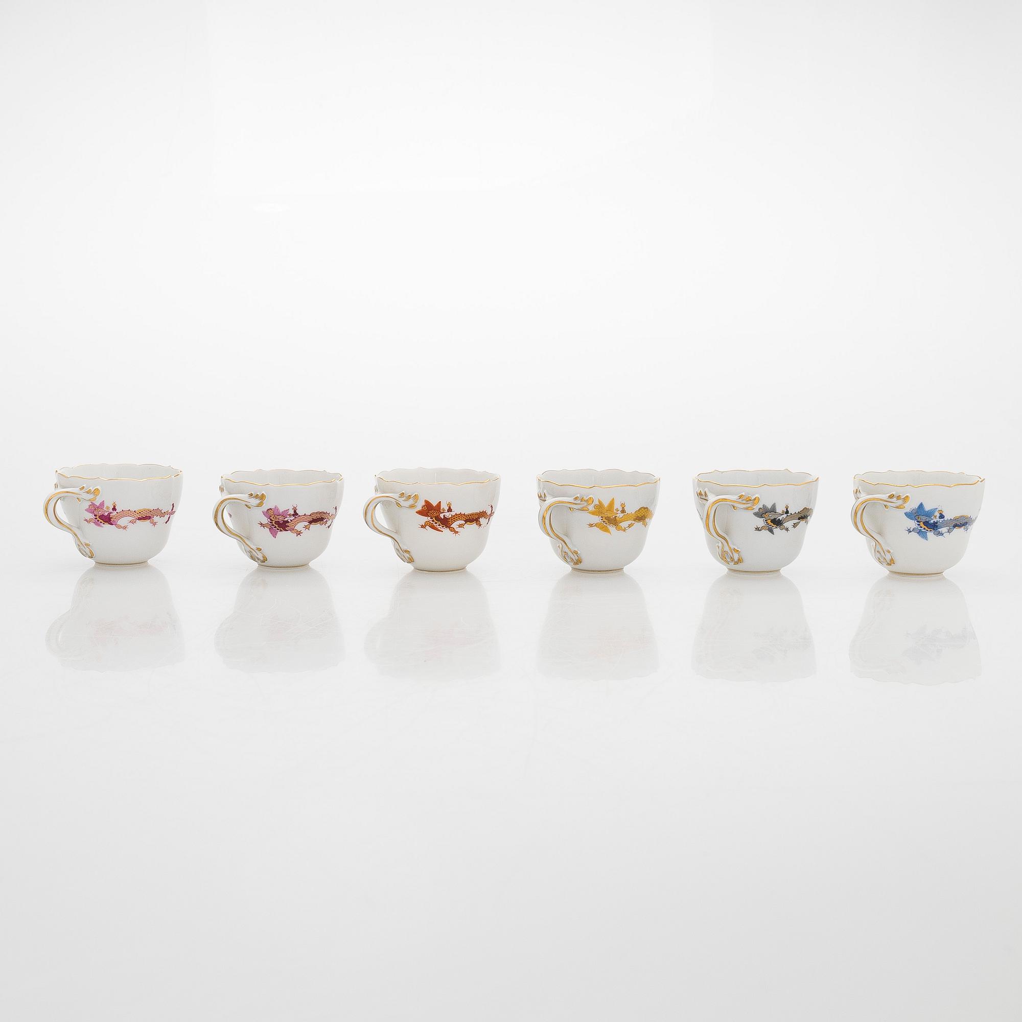Meissen, a 6-piece set of porcelain demitasse coffee cups with saucers, "Rich Court Dragon", 20th century.