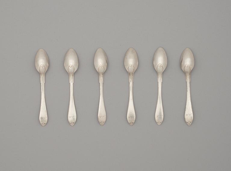 A set of six Swedish tea-spoons, marks of Christian Silow, Malmö 1803.