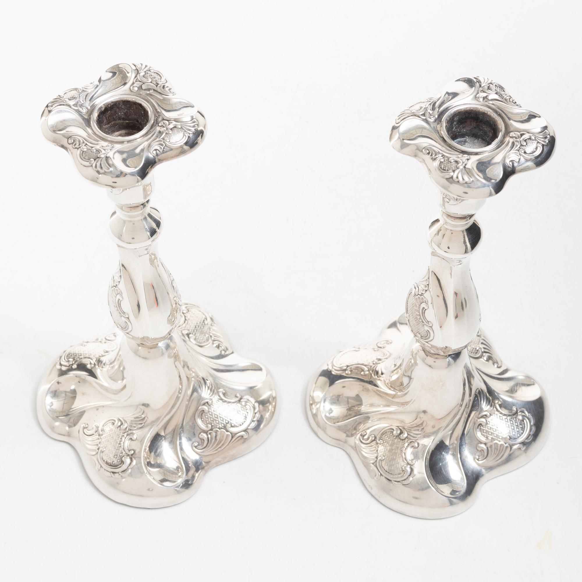 Candlesticks, a pair, silver, Rococo style, Thorvald Marthinsen Sølvvarefabrik, Tönsberg, Norway, 20th century.