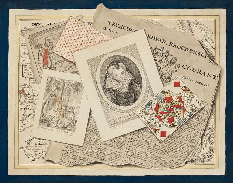 UNKNOWN ARTIST 18TH CENTURY, Trompe l'oeil with map, cards, and prints.