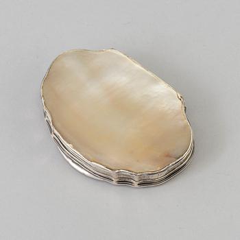 An 18th century silver and mother-of-pearl rococo snuff box.